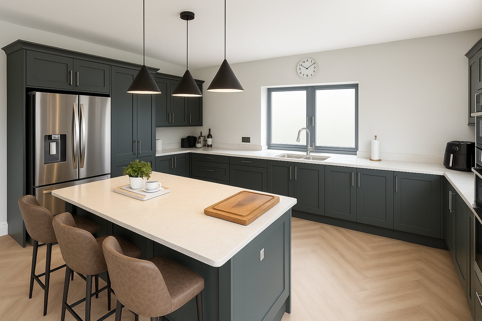 Bespoke dark green shaker kitchen with island, made by View2Build