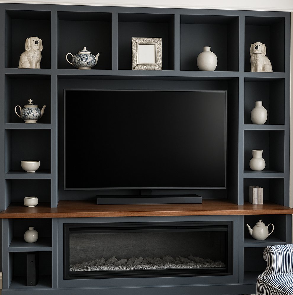 Bespoke navy media wall with shelving and inset fire